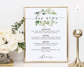 Greenery Bar Menu Sign, Wedding Bar Menu Template, Drink Sign, Wedding Drinks Menu, Drinks Printable Wedding, Bar Menu Sign