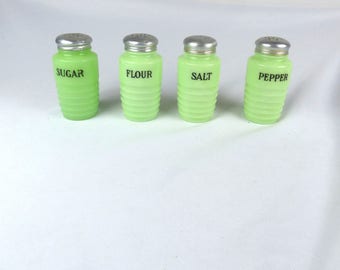 Jeannette Glass McKee Jadeite SALT PEPPER Sugar Flour Ribbed Shakers
