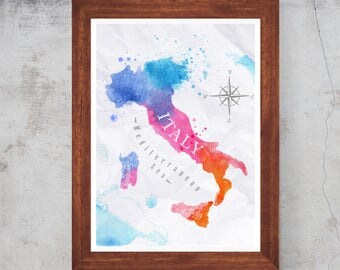 Watercolor Italy Map Mediterranean sea Artwork Wall art home decor Print Poster Canvas/Matt/Silk /A4/A3/A2