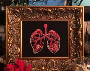 Embroidered Anatomical Botanical Lungs in Frame