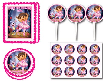 Dora Ballerina Birthday Party Edible Cake Cookie Toppers or Plastic Cupcake Pick Stickers Decoration Baking Supply