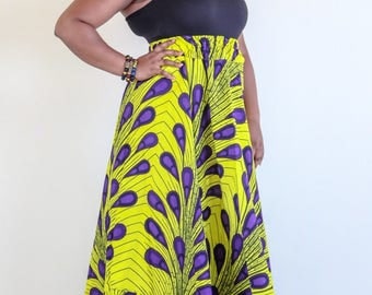 DeBokis Collection, Latest Ankara African Print, Maxi Flare Skirt with Headgear.
