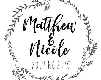 Wedding Engagement Rubber Stamp Customised with Names and Date 70mm x 70mm Mounted on Wooden Block