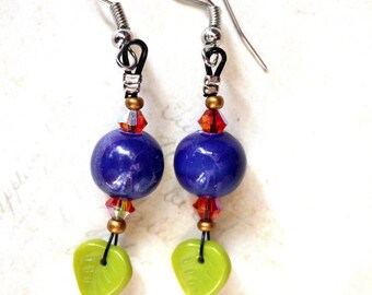 Earrings ceramic blue/green leaves / orange tops