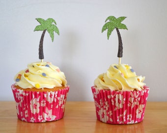 Palm tree cupcake toppers/ glitter palm tree cake toppers/ tropical toppers/ pack of 6