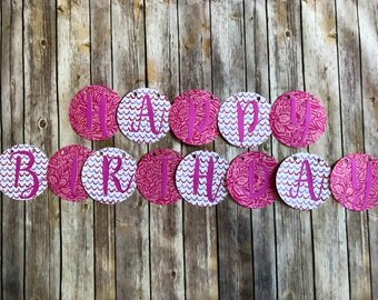 Happy Birthday Banner- Pink Tropical Hibiscus and wavy stripes