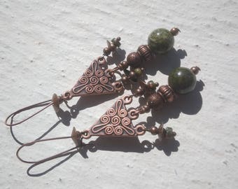 Copper Earrings: - copper - etched Triangles and unakite