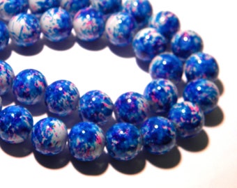 shiny lacquered glass 10 beads - 12 mm - turquoise and fuchsia F125 2