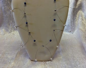 Necklace pearl beads and white and royal blue rhinestones