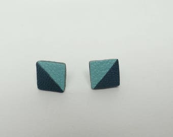Stud Earrings geometric leather 2 blue and turquoise triangles