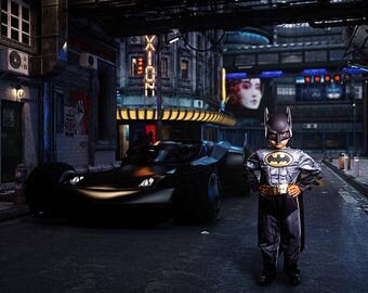 Superhero Digital Background, Batman Background, Digital Backdrop, Cosplay Background, Batman Backdrop, Batmobile, Dark City Backdrop