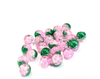 Glass Crackle bicolor pink green 6mm ❤ ❤ X 10 beads