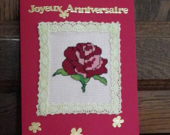carte double brodée " joyeux anniversaire "