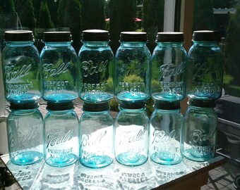 12 Blue BALL PERFECT MASON Jars with Zinc Lids