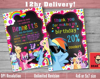 My Little Pony Invitation with FREE Thank you Card! My Little Pony Birthday Invitation, Pinkie Pie Invitation, Rainbow and Dash Invitation