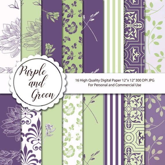 Purple Green Digital Paper Flower Stripes Pattern