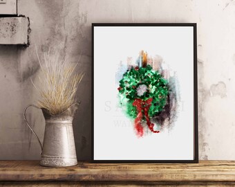 Christmas Wreath watercolor Illustration, Christmas Decor, Wall Art, 8x10 Art print, Dorm Room Decor Girl, Holiday Wreath Art