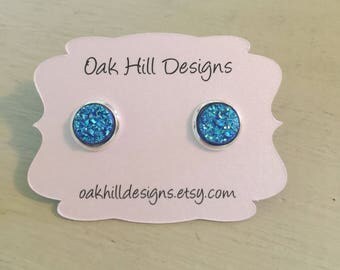 8mm blue silver stud earrings-small stud earring-silver druzy earrings-small druzy earrings-small drusy earring-stud drusy earring