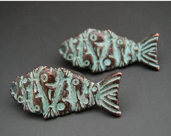 SALE Wavy Fish Charms Mykonos Greek Copper Antiqued Green Turquoise Double Sided Unusual Design Naos