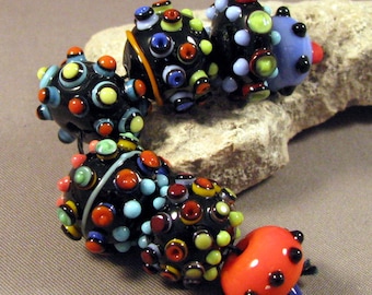 Lampwork Beads Handmade by Mona Sullivan -Multi-Color on Black -Multi colored Precision Layered dots Colorful Lampwork by Mona Sullivan Boho