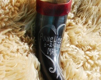 Engraved viking drinking horn, custom made, leather strap. Hearts. For Valentine, Wedding, Engagement, love, anniversary