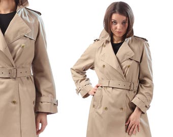 Vintage TRENCH Coat . 80s Detective Coat Long Jacket Beige