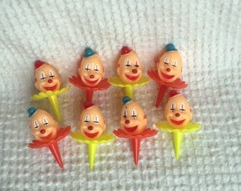 Vintage Clown Cupcake Toppers / Embellishments/ Picks - Set of 8 - For birthday parties, crafting, florals, baking, decor, corsages