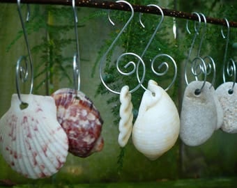 NATURAL ELEMENTS...10 sea glass, beach stone and shell ornaments,beach Christmas tree,upcycled reuse repurpose,silver wire