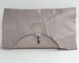 Raw edge leather clutch purse with vintage key detail - lavender