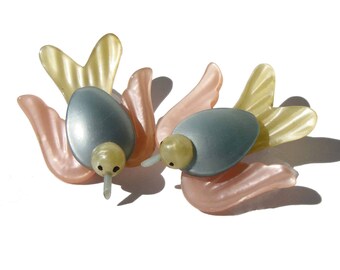 Vintage Moonglow Pearlized Lucite Bird Brooches - Set of 2 Pins