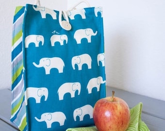 ON SALE Insulated Organic Cotton Lunch Bag -- Blue Elephants -- PLASTIC Free!