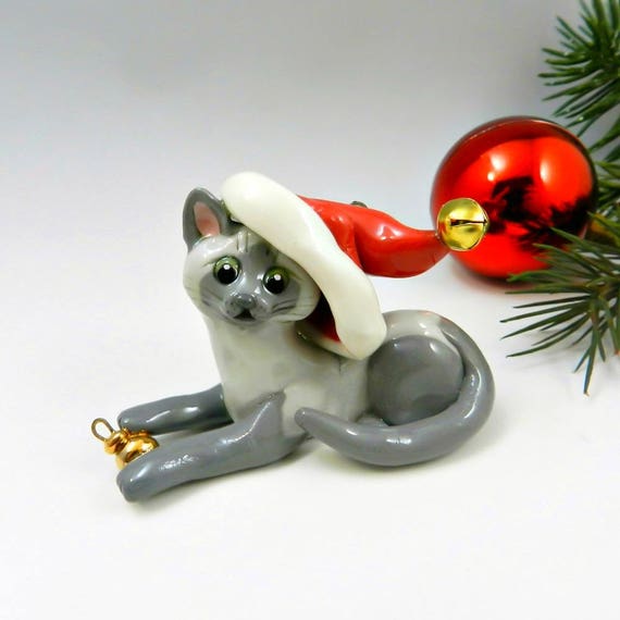 Burmese Siamese Cat Christmas Ornament Figurine Santa Hat