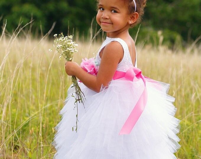 Flower Girl Dress - Tulle Dresses - White Wedding - Pageant dress - Toddler Infant - Custom Colors Available - sizes 18 months to 8 Years