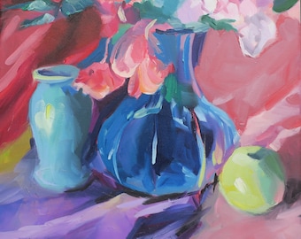 impressionist still life floral oil - pink peonies pink roses impressionistic painting - blue glass vase - green apple still life - purple