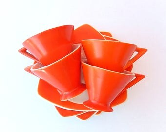 Fab 1930s Demitasse Set for 4: Atomic Art Deco Salem Streamline Cups & Tricorne Saucers in Mandarin Orange, Multiples Available