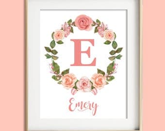 Girl nursery wall decor, personalize baby gift, child name print, blush pink nursery, girl room decor, floral monogram baby girl nursery art