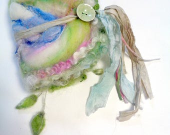 journal fantasy felted wool art book - dreamland bird in the clouds with a nest of golden eggs