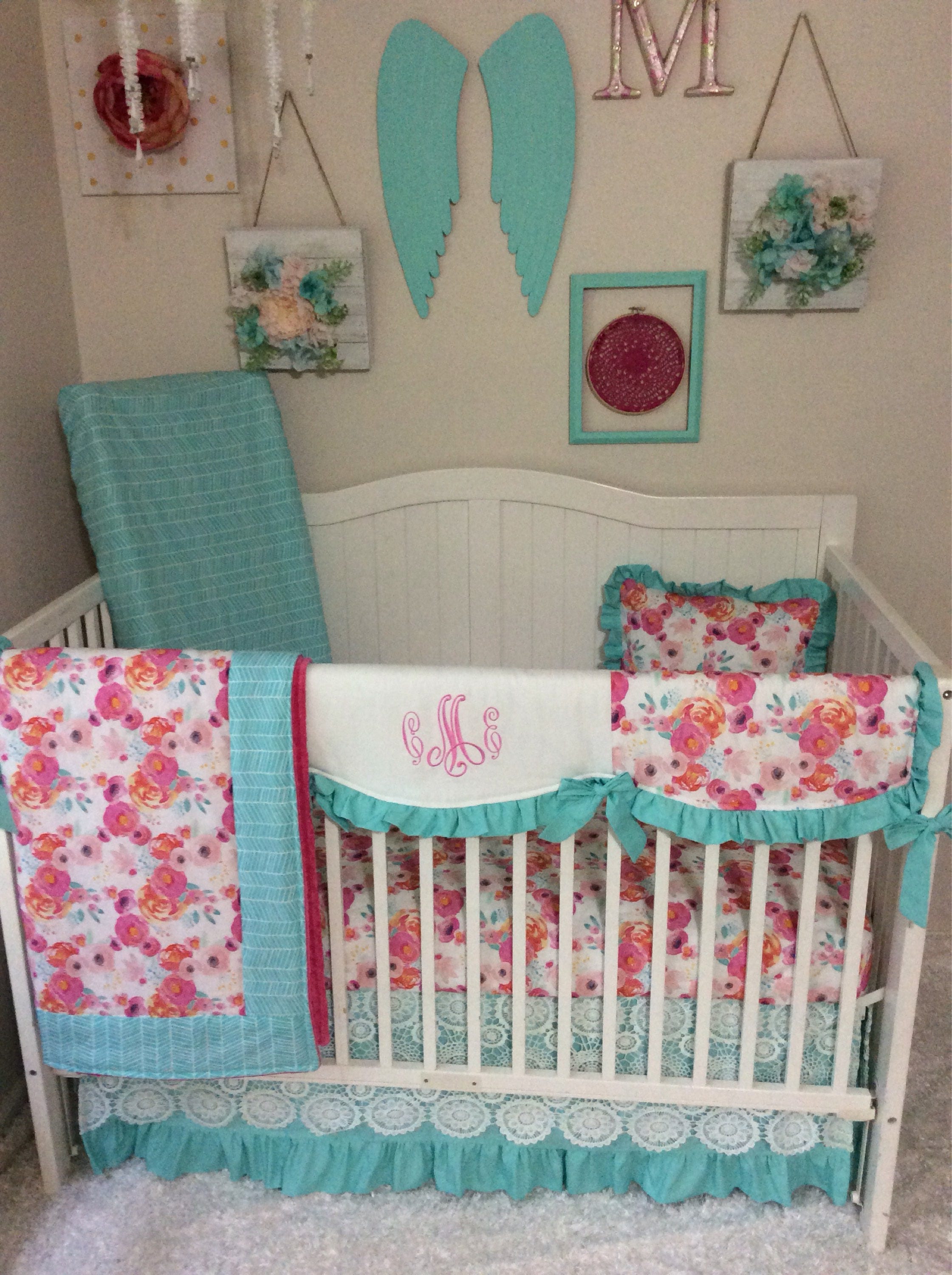 Baby Girl Crib Bedding Coral Peach Pink Aqua Mint Teal Floral