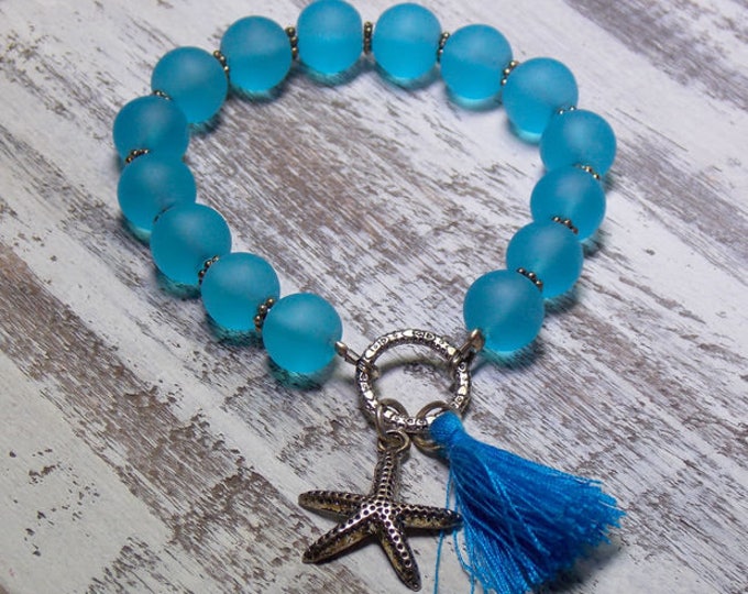 Recycled Sea Glass Tassel Bracelet Beachy Boho Starfish Charm Stretch Bracelet Turquoise Ocean Jewelry