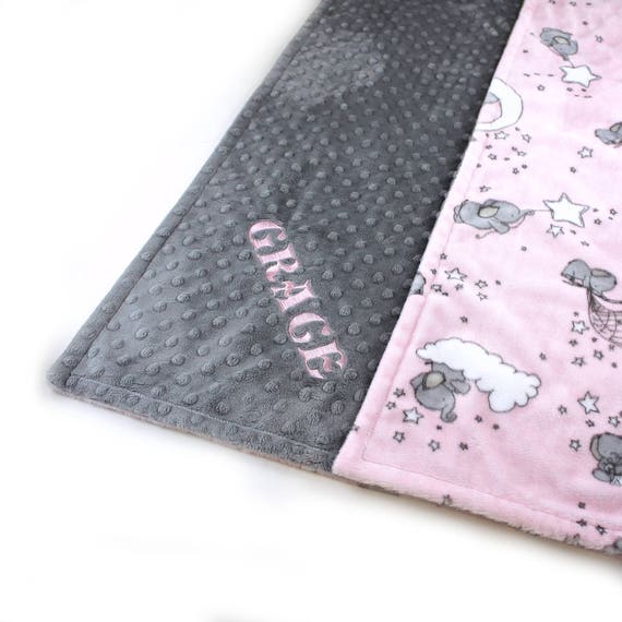 Toddler Blanket / Pink Elephant Blanket / Minky Blanket Girl, Pink Gray Animal Personalized Baby Blanket - Minky Throw Blanket