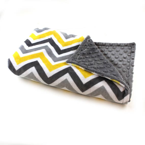 Yellow Gray Chevron Blanket / Minky Baby Blanket Boy, Unisex Chevron Blanket // 29 x 35 in Ready to Ship