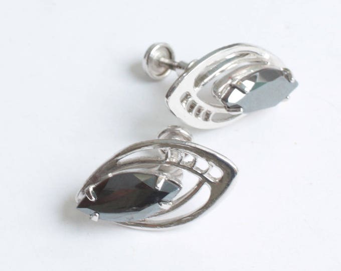 Sterling Silver Hematite Earrings Sorrento Marquise Stone Screw Back Vintage