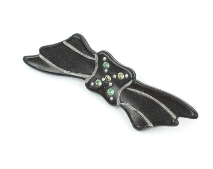 Art Deco Black Celluloid Pin Bow Shape with Rhinestones Etched Design Vintage