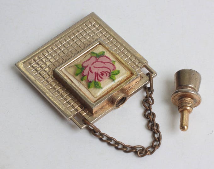 Miniature Perfume Flask Pink Rose Decoration Gold Tone Metal Vintage