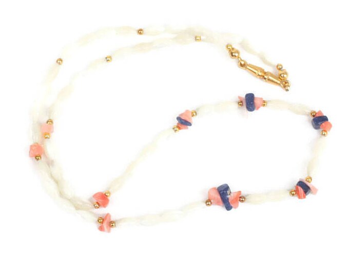 Mother of Pearl Rice Bead Necklace Coral Lapis Bead Accents Vintage