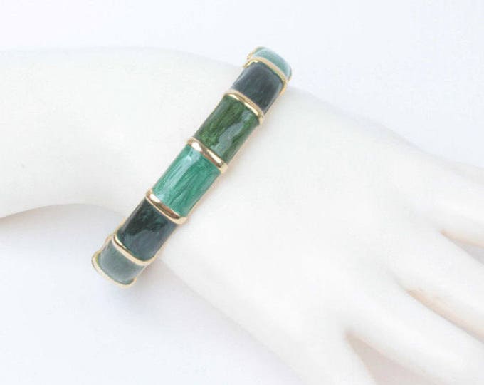 Green Enameled Bangle Bracelet Hinged Three Shades Green