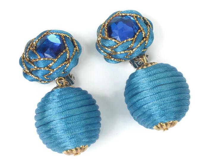 Blue Ball Dangle Earrings Cord Wrapped Handmade Large Statement Clip On Vintage