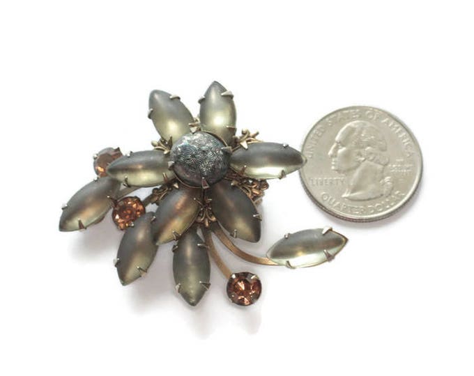 Frosted Gray Marquise Brooch Molded Glass Orange Rhinestones Swirled Design 1950s Vintage