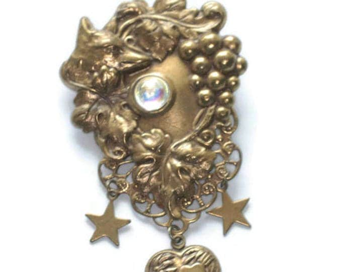 Victorian Revival Stamped Brass Brooch Repousse Fox Grape Leaves Heart and Star Dangles