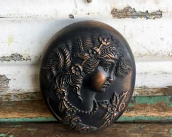 Vintage Bronze Repousse Cameo Miniature picture wall hanging 2.5x2"